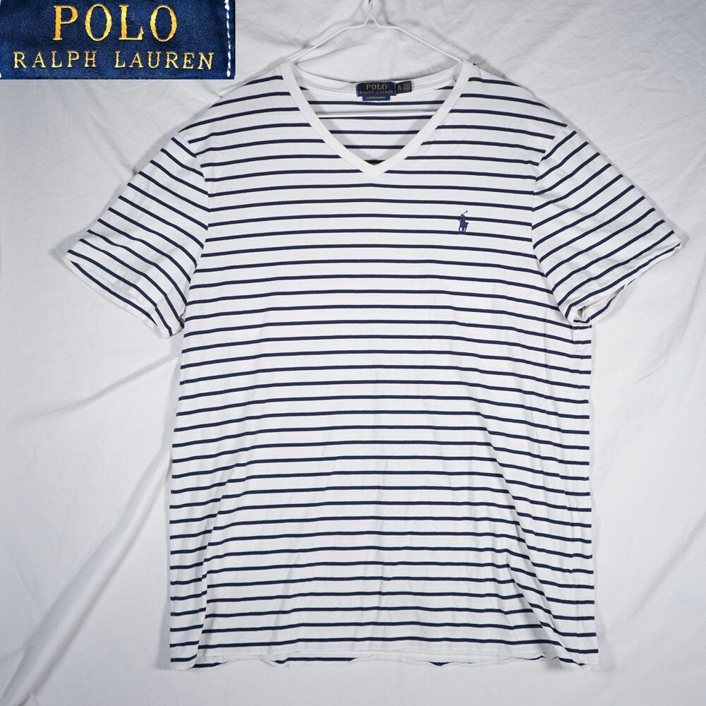 Polo Ralph Lauren Striped V Neck T Shirt White Black XL